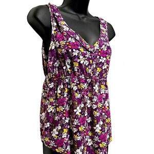 ❤️ 2/$11 Elle Floral Babydoll Purple Yellow Womens Tank Top size Small